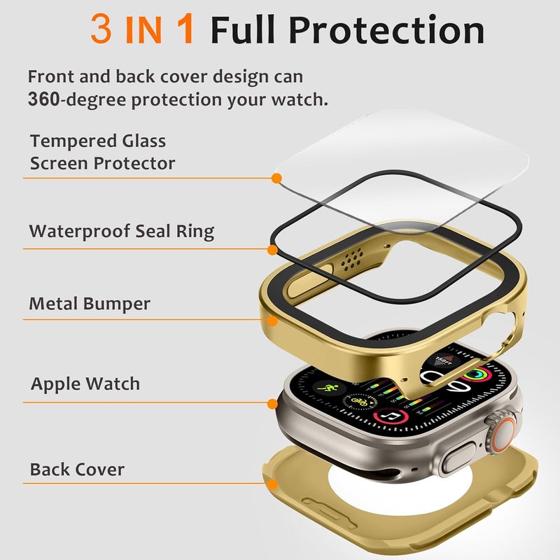 Amizee Metal Case Compatible with Apple Watch Ultra 3/2/1 49mm Case with Built-in Screen Protector, Straight Edge Ultra Thin with Back Cover Protective Cover for iWatch 49mm, Gold - Image 2